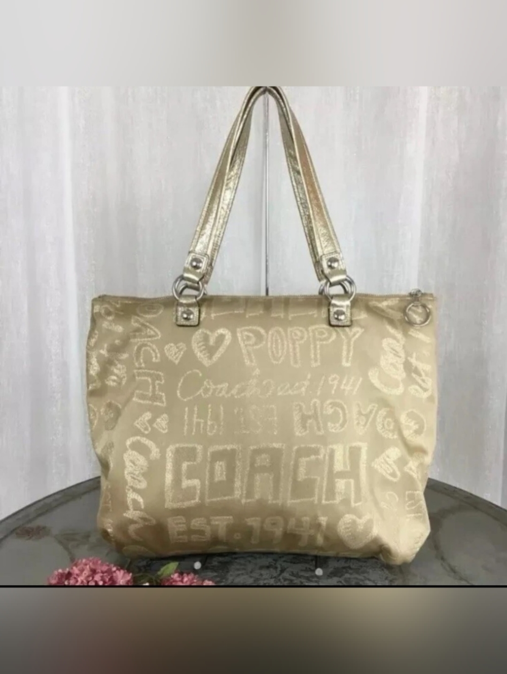 Coach POPPY Story Patch Glam Gold Tote - Picture 3 of 15